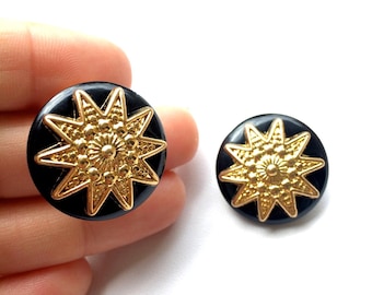 1930s Clip On Earrings. Black Gold Starburst Studs. Vintage Button Jewelry. Bold Cocktail Glam. Stars. Holiday Gift. No Piercing Necessary.
