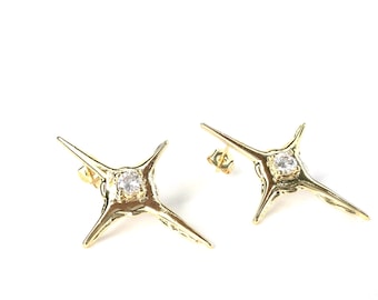 Gold Plated Starburst Stud Earrings. Large Gold Statement Studs With Crystal Center. Modern Geometric Gold Jewelry Gift. Cross.