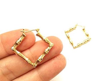 Bamboo Diamond Hoop Earrings. 24k Gold Filled Retro Square Hoops. Geometric Statement Jewelry. Lightweight. Hawaiian Style Earrings.