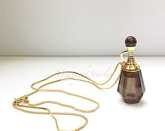 Vintage Quartz Perfume Bottle Necklace, 24k Gold Filled Chain, Essential Oil Pendant, OOAK Gift for Her. Old Hollywood Glamour. Scent to go.