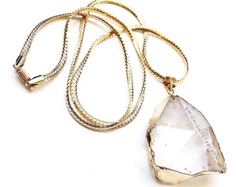 Crystal Pendant Necklace. Raw Quartz Jewelry. Gold Snake Chain. Statement Gift for Her. Moonlight Style. Edgy Chic. Classy. High Quality.