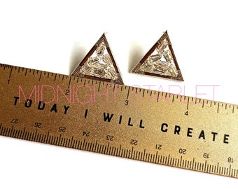 Gold Triangle Earrings. Cubic Zirconia Studs. Art Deco Earrings. Geometric Statement Earrings. Gold Baguette CZ Studs. Cocktail Jewelry