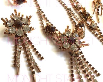 Vintage Czech Glass Jewelry Set. Smokey Tangerine Stones. Statement Necklace. Bracelet. Earrings. Brooch. NOS Bridal Gift.