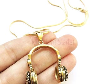 Headphones Necklace. Music Lover Jewelry. Music Production. DJ Gift. Audiophile Chain. Black Box Chain. Gold Snake Chain. Gift for him.