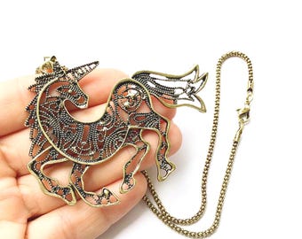 Oversized Unicorn Pendant Necklace: Antique Brass or Silver Fantasy Jewelry