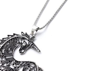 Large Unicorn Pendant Necklace. Antique Brass or Silver Snake Chain. Bridal Jewelry. Fantasy. Cosplay Gift. Bridesmaids. Magical. Whimsical.