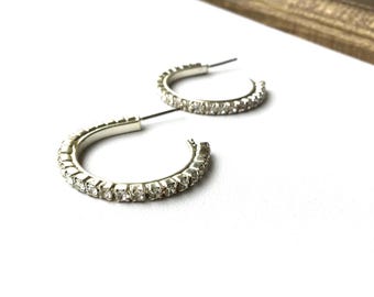 Vintage Swarovski Mini Hoop Earrings. Bridal Party Gift. Minimalist Crystal Bridesmaid Jewelry. Silver Wedding Hoops. Luxury Heirloom.