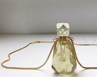 Yellow Quartz Perfume Bottle Necklace. Essential Oil Pendant. 24k Gold Filled Chain. OOAK Apothecary Jewelry. Crystal Diffuser Necklace.