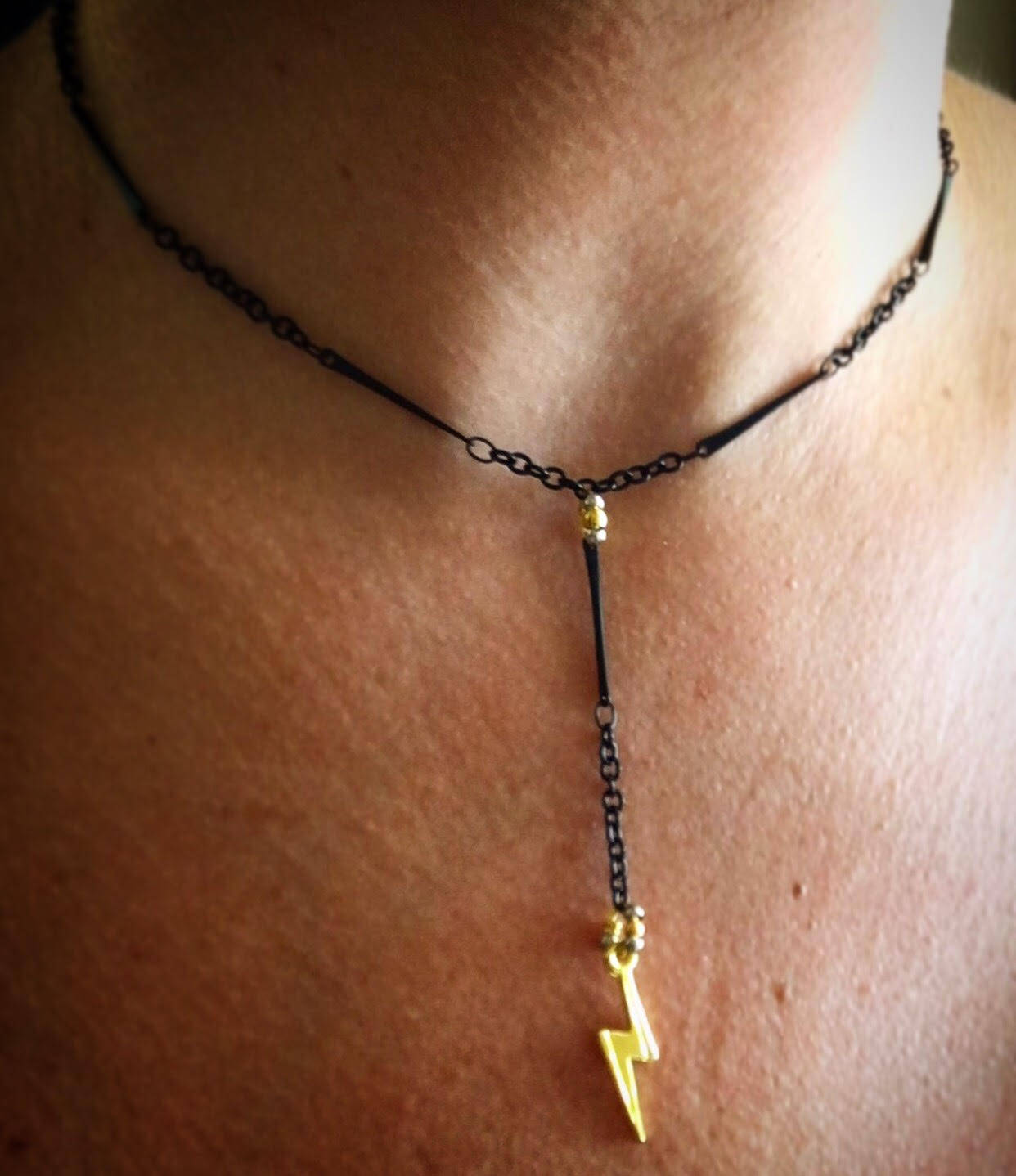 BOLT Pendulum Necklace in Midnight & Antiqued Gold. Gift Box