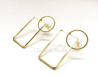 Art Deco Geometric Gold Earrings. Rectangle & Circle Modernist Drop. 24k Gold Filled. Minimalist Statement Jewelry. Architectural Design.