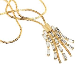 1970s Czech Glass Fringe Necklace Gold Tone Waterfall Tassel Pendant Vintage Statement Jewelry Art Deco Style Glamorous Gift. Glam. Classy.