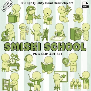 May include: A digital clip art set titled Smiski School featuring 33 high-quality illustrations of pale green, round-headed figures engaged in various school activities like reading, painting, using a microscope, and conducting a choir.