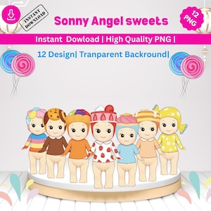 May include: Digital download featuring seven Sonny Angel sweets figurines. Each figurine is dressed in a unique outfit, including a strawberry, cookie, and ice cream cone. The image includes the text "Sonny Angel sweets" and "Instant Download | High Quality PNG | 12 Design| Tranparent Backround|".