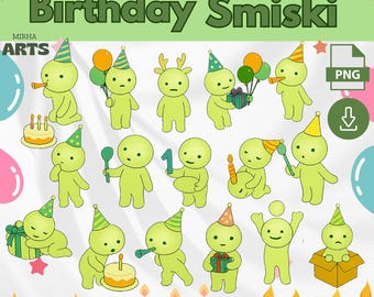 Paquete de imágenes PNG estilo Smiski de cumpleaños / 16 personajes verdes / Descarga digital de imágenes prediseñadas transparentes de 300 DPI