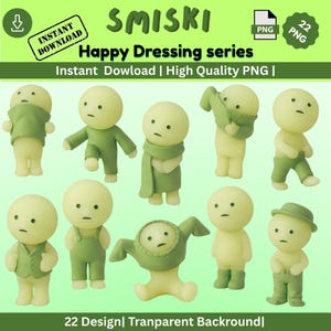 Puede incluir: Una colección de figuras Smiski de la serie "Happy Dressing", cada una con un atuendo diferente. Las figuras son de color amarillo claro con ropa y accesorios verdes. La imagen incluye texto que dice "Instant Download" y "22 PNG".