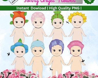 kwaii Sonny Angel Flower Series PNG Bundle | Floral Character Clipart Transparent Background