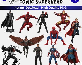 May include: A collection of comic superhero figures in various action poses. The image includes characters like Batman, Deadpool, Iron Man, Spider-Man, Captain America, and Thor. Text on the image reads "COMIC SUPERHERO" and "Instant Download | High Quality PNG |".