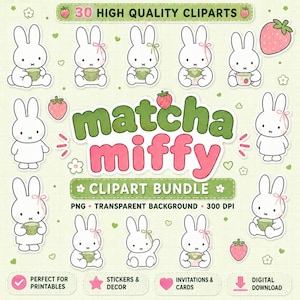 Puede incluir: Un paquete de imágenes prediseñadas digitales con conejos Miffy blancos en varias poses, algunos sosteniendo cuencos de té matcha verde, acentuados con lazos rosas y fresas rojas. El texto dice matcha miffy CLIPART BUNDLE, PNG, TRANSPARENT BACKGROUND, 300 DPI.