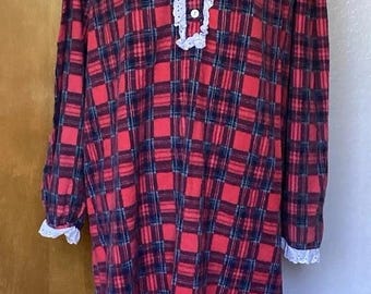 Pigiama da festa vintage S/M, camicia da notte lunga in flanella scozzese rossa con volant e pizzo, stile anni '90