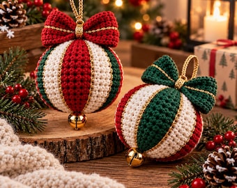 May include: Two spherical crochet ornaments featuring vertical stripes in red, white, and dark green, accented with gold thread. Each ornament is topped with a matching crochet bow and a gold hanging loop, and finished with a small gold jingle bell.