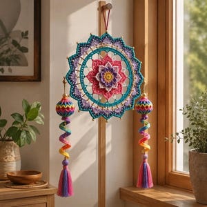 Könnte beinhalten: Ein kreisförmiger Häkel-Wandschmuck mit einer zentralen, mehrschichtigen Lotusblüte in Pink, Lila und Gelb. Der äußere Ring ist in Türkis mit lila Akzenten und goldenen Perlen gehalten. Zwei hängende Spiralornamente mit regenbogenfarbenen Quasten.