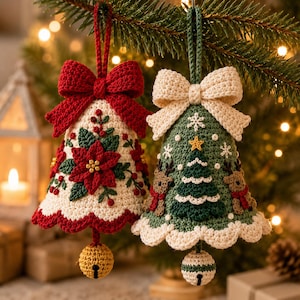 May include: Two crochet bell ornaments hanging from a tree. The left bell is cream with a red poinsettia and a red bow. The right bell is green with a Christmas tree, reindeer, and a cream bow. Both bells feature a small dangling ball at the base.
