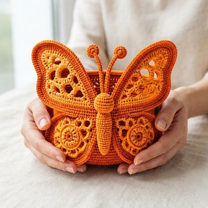 Könnte beinhalten: Ein leuchtend orangefarbener Häkelkorb in Schmetterlingsform mit komplizierten Durchbruchmustern auf den Flügeln, einem runden Mittelkörper und zwei dünnen Antennen, die nach oben ragen. Die Struktur besteht aus dichten Garnmaschen.