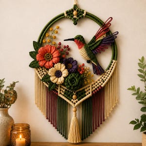Puede incluir: Un tapiz de macramé circular con un marco de aro verde, un colibrí central con alas rojas, verdes y moradas, y un grupo de flores de tela naranjas, crema y moradas oscuras. La pieza incluye largos flecos en tonos crema y verde.