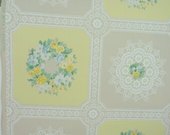 Vintage Wallpaper - Yellow Blue Rose Wreath, Lace Doily on Beige - 1 Yard