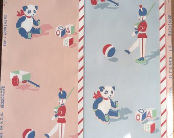 Vintage Wallpaper - Childrens Nursery Bear Toy Soldier Wagon Pink Blue 1940's - 1 Yard