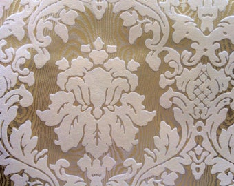 Vintage Wallpaper - Damask Cream Ivory Flock on Gold - 1970s - 1 Yard