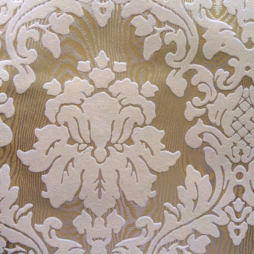Papier peint vintage - Damask Cream Ivory Flock on Gold - Années 1970 - 1 Yard