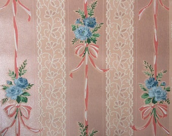 Vintage Wallpaper - Pink Ribbons Blue Roses on Pink Background - 1 yard