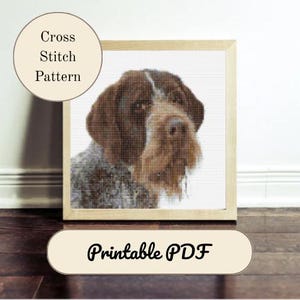 May include: A framed cross-stitch pattern of a dog with brown and white fur. The image is in a wooden frame and includes the text "Cross Stitch Pattern" and "Printable PDF".