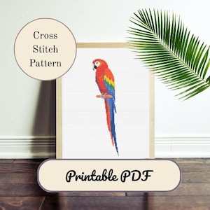 May include: A framed cross-stitch pattern of a macaw parrot with red, yellow, blue, and green plumage. The image includes the text "Cross Stitch Pattern" and "Printable PDF". The parrot is perched on a branch.