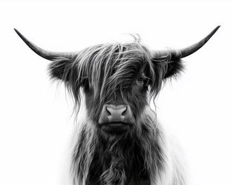 Highland Cow Black and White Photography Digital Download Print