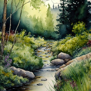 Pintura em aquarela de paisagem de riacho Creek 3 Impressão digital para download