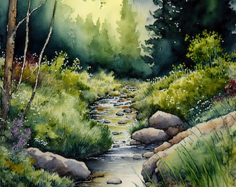 Creek Stream Landscape Watercolor Painting 4 Digital Download Print - Etsy