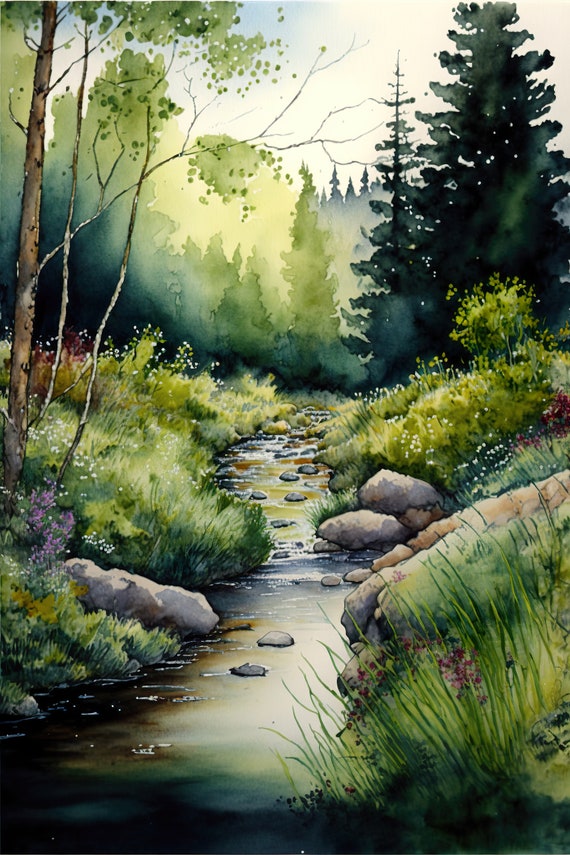 小川の風景水彩画3 デジタルダウンロード印刷 - Etsy 日本