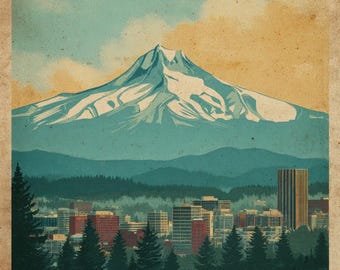 May include: A retro poster depicting a mountain range with a snow-covered peak above a city. The word "PORTLAND" is written in large letters at the bottom. The colour scheme includes blues, greens, and oranges, evoking a vintage feel.