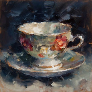 Teacup and saucer Impressionistic Still Life Oil Painting Digital Download Print
