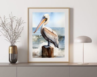 Pelican on Beach Watercolour Painting Digital Download Print