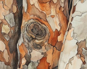 Corteza de eucalipto, pintura abstracta de acuarela de primer plano, 2 impresiones digitales descargables