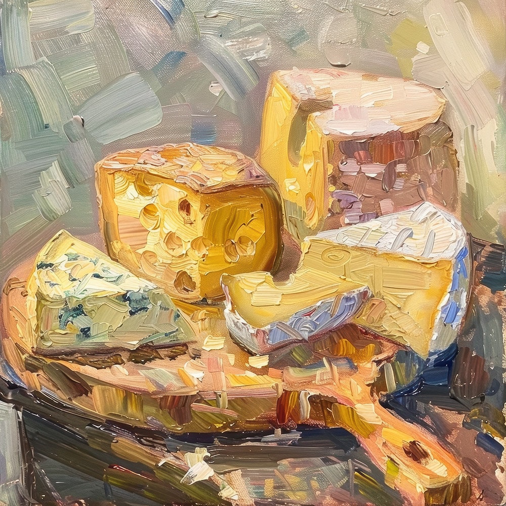 チーズプラッターII 印象派静物画 フランス産チーズの油絵 デジタル