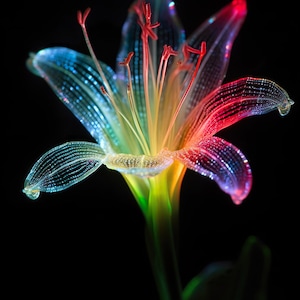 May include: A vibrant, digitally enhanced image of a flower against a black background. The flower's petals transition from blue to red, with a yellow center and green stem. The delicate structure is highlighted with fine lines.