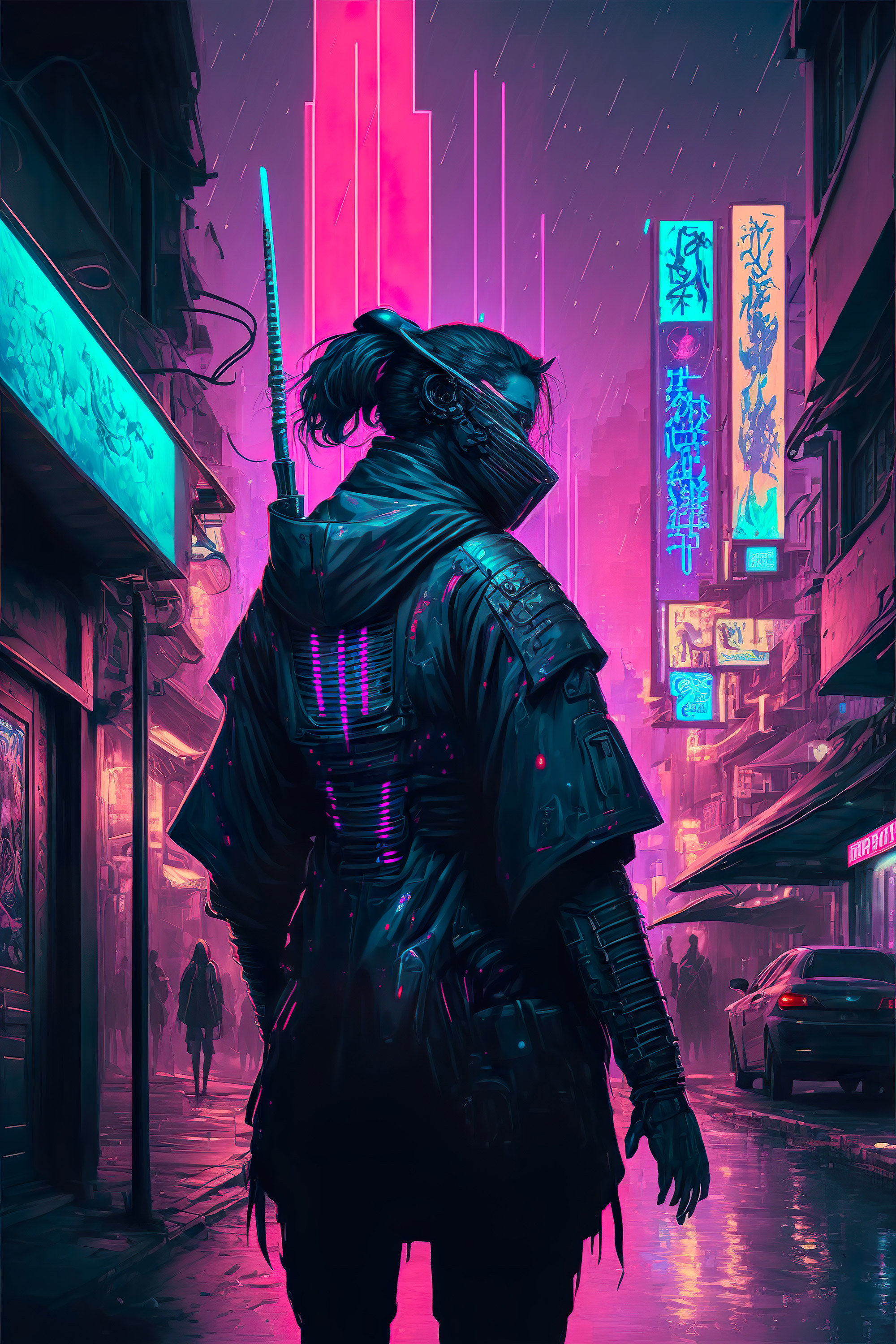 Samurai overlooking a neon-lit cyberpunk city