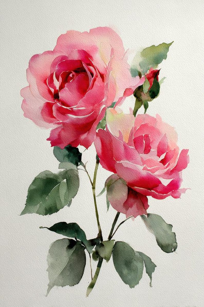 Pink Roses Flowers Watercolour Painting Digital Download Print - Etsy
