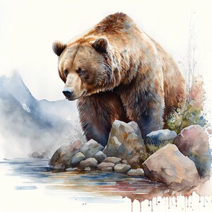 小川の近くのクマの水彩画 デジタルダウンロード印刷
