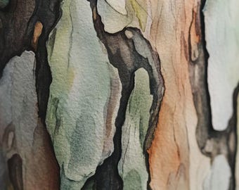 Corteza de eucalipto, pintura abstracta de acuarela de primer plano, 22 impresiones digitales de descarga