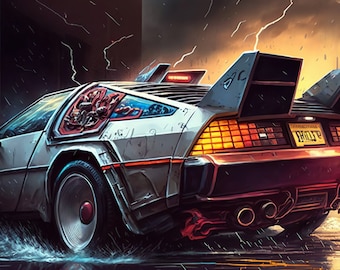 DeLorean Sci-fi framtida tidsmaskin bilkonstillustration Digital nedladdning Tryck